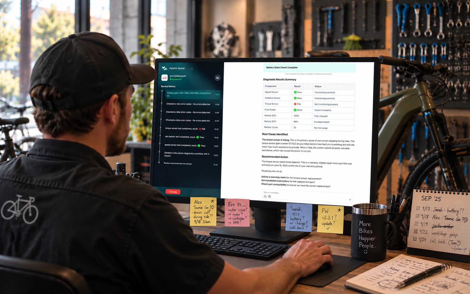 E-bike dealer reviewing a Dealer AI diagnostic summary on a monitor in a bicycle workshop.