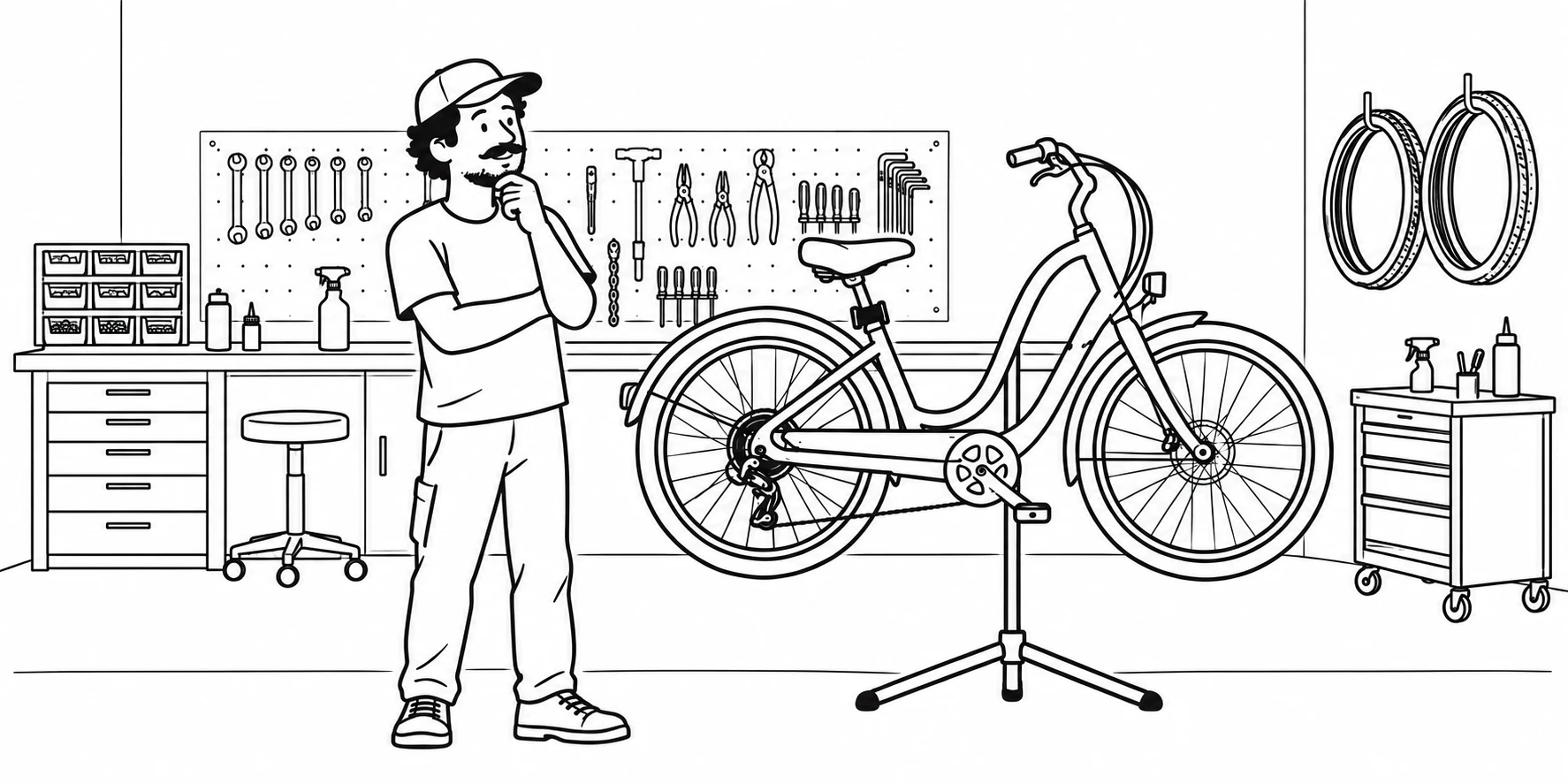 Hand-drawn illustration of a thoughtful bike dealer beside a Townie-style step-through e-bike in a repair workshop with a tool pegboard, workbench, parts drawers, hanging tires and rolling tool cart.