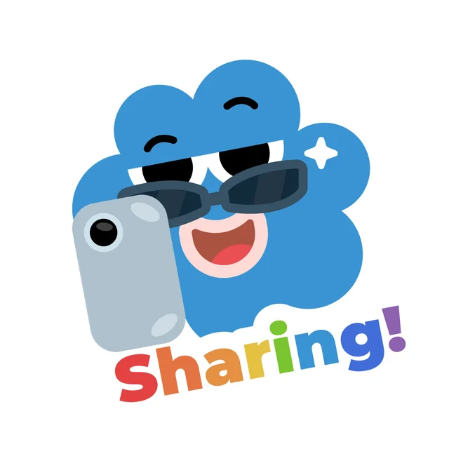 Sharing badge, original character artwork by Maggie Chang