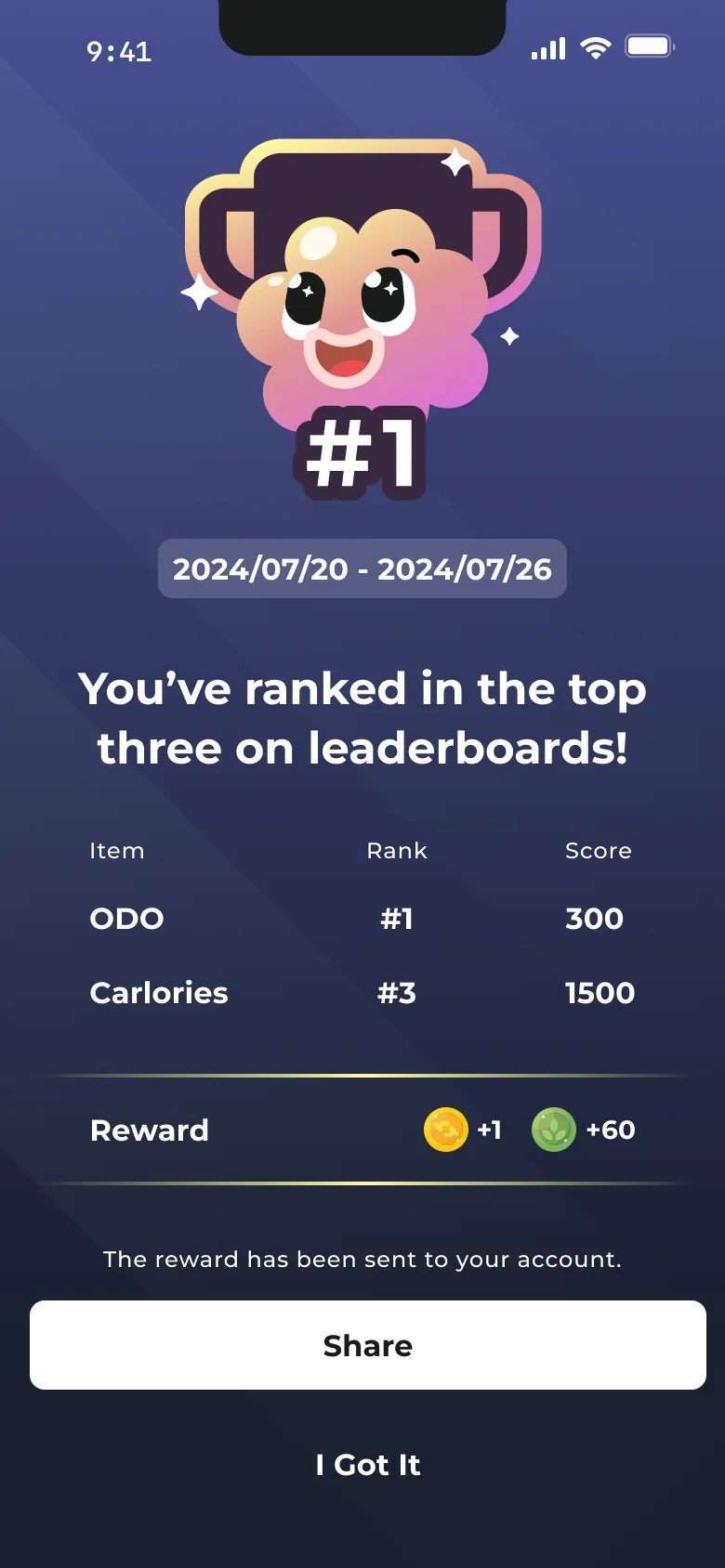 Weekly ranking celebration showing first place in distance, third in calories, rewards, and a Share action.