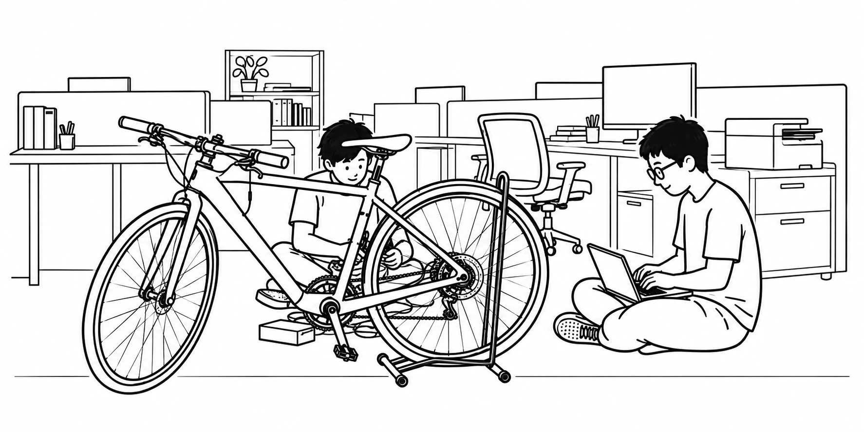 Two engineers sit beside an e-bike in the office, working on the bike and a laptop.