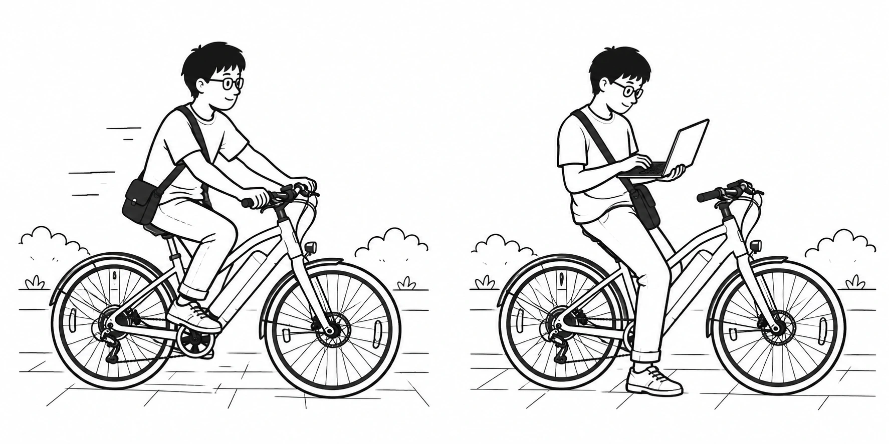 An engineer stops on the bike and holds an open laptop to adjust the riding configuration.